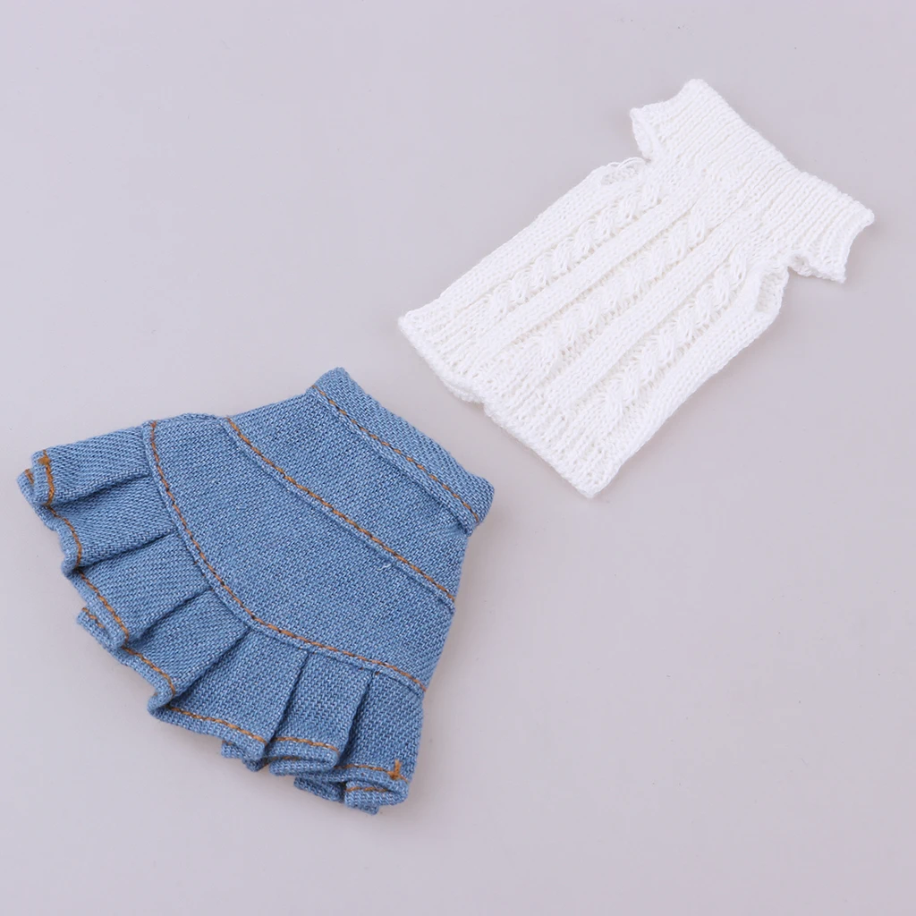 Stylish 2pcs Clothes Suit for 1/6 Blythe Licca OB Girl My Life Dolls Knit Sweater Denim Skirt White & Blue Stylish 2pcs Clothes Suit for 1/6 Blythe Licca OB Girl My Life Dolls Knit Sweater Denim Skirt White & Blue
