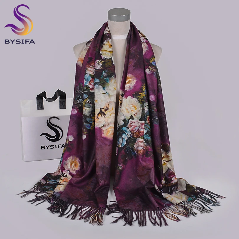 

[BYSIFA] Purple Roses Women Scarves Shawl For WInter New Design Warm Long Cashmere Pashmina Double Faces Ladies Scarves Wraps