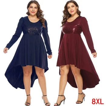 

Plus size big 5XL 6XL 7XL 8XL bust 130 large size women's sequin dress autumn round neck long sleeve loose large size blue dress