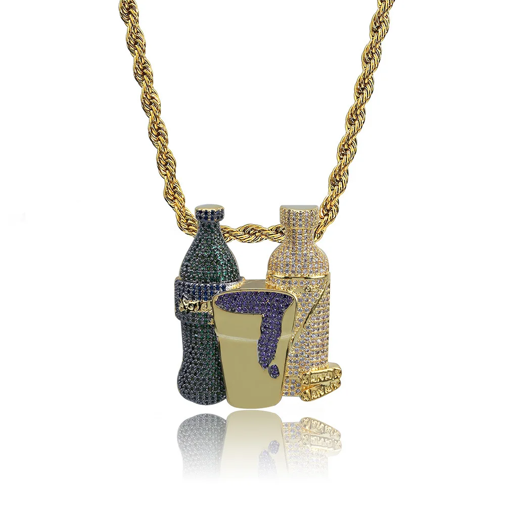

18K Gold Plated Bling CZ Simulated Diamond Iced Out Personalized Wine Bottle Pendent Necklace Hip Hop Chain Jewelry for Men