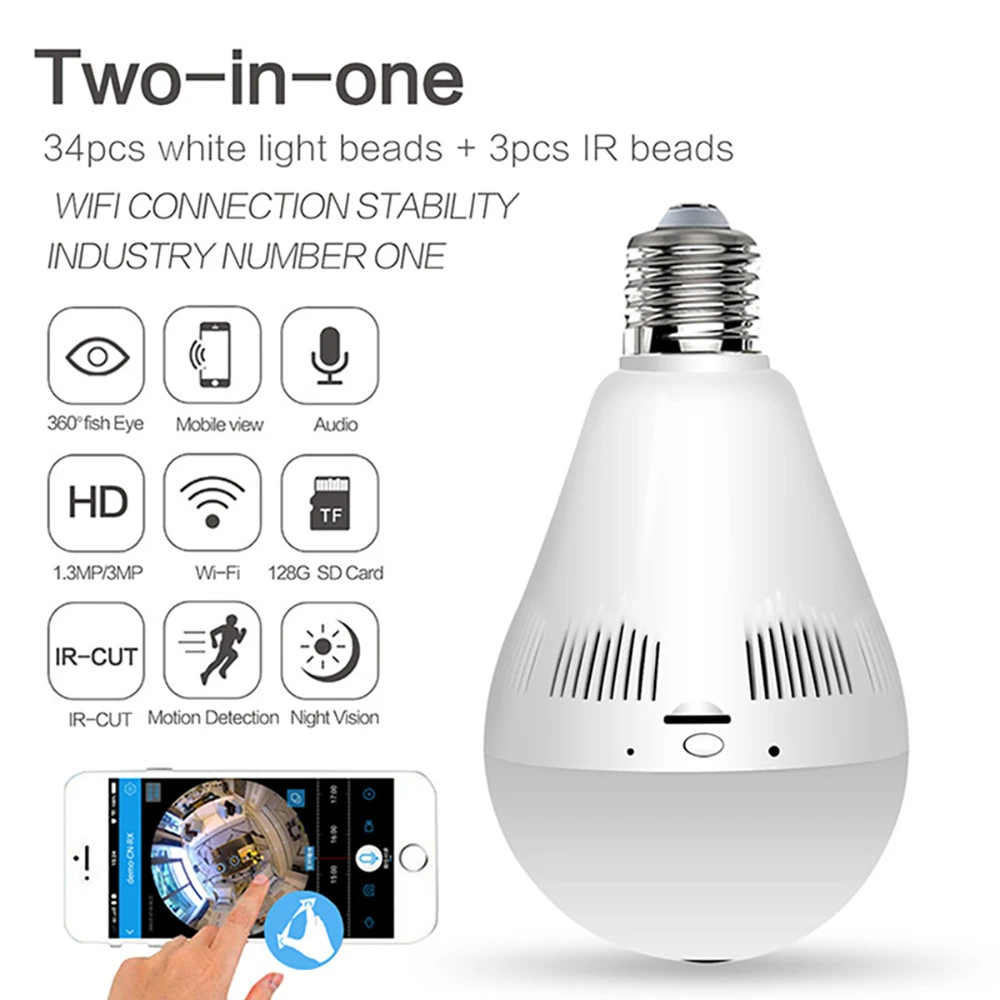 360° LED Light 960P Mini IP Camera Wireless Panoramic 3MP Home Security WiFi CCTV Fisheye Bulb Lamp Two Ways Audio Night Vision
360° LED Light 960P Mini IP Camera Wireless Panoramic 3MP Home Security WiFi CCTV Fisheye Bulb Lamp Two Ways Audio Night Vision