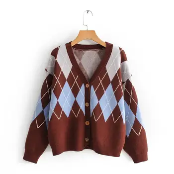 Women Geometric Diamond Cardigan Sweater Plaid Autumn Winter Loose Knit Knitted Coat
Women Geometric Diamond Cardigan Sweater Plaid Autumn Winter Loose Knit Knitted Coat