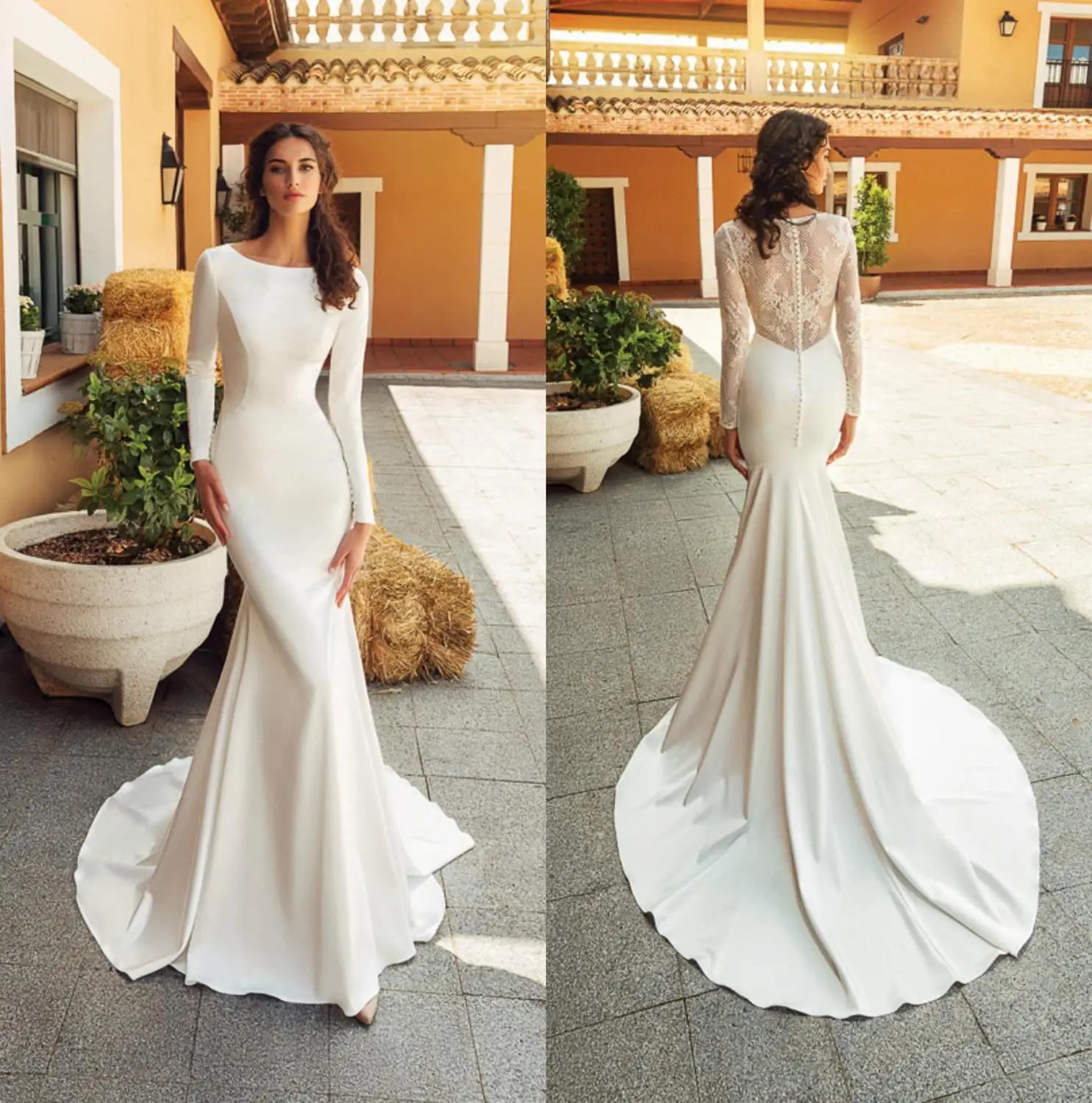 2020 New Wedding Dresses Long Sleeves Lace Satin Wedding Gowns Button Back Sweep Train Mermaid Bridal Dress
2020 New Wedding Dresses Long Sleeves Lace Satin Wedding Gowns Button Back Sweep Train Mermaid Bridal Dress