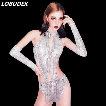 Sexy Female Hollow Out Stage Costume Silver Glitter Sequins Tassel Bodysuit+Gloves Nightclub Singer Dancer Team DJ Jazz Clothing
Sexy Female Hollow Out Stage Costume Silver Glitter Sequins Tassel Bodysuit+Gloves Nightclub Singer Dancer Team DJ Jazz Clothing