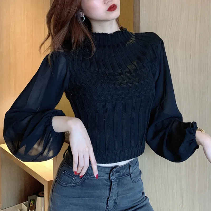 Casual Spring Autumn White Turtleneck Lantern Sleeve Short Sweater Women Knitted Patchwork Chiffon Pull Femme Top
Casual Spring Autumn White Turtleneck Lantern Sleeve Short Sweater Women Knitted Patchwork Chiffon Pull Femme Top