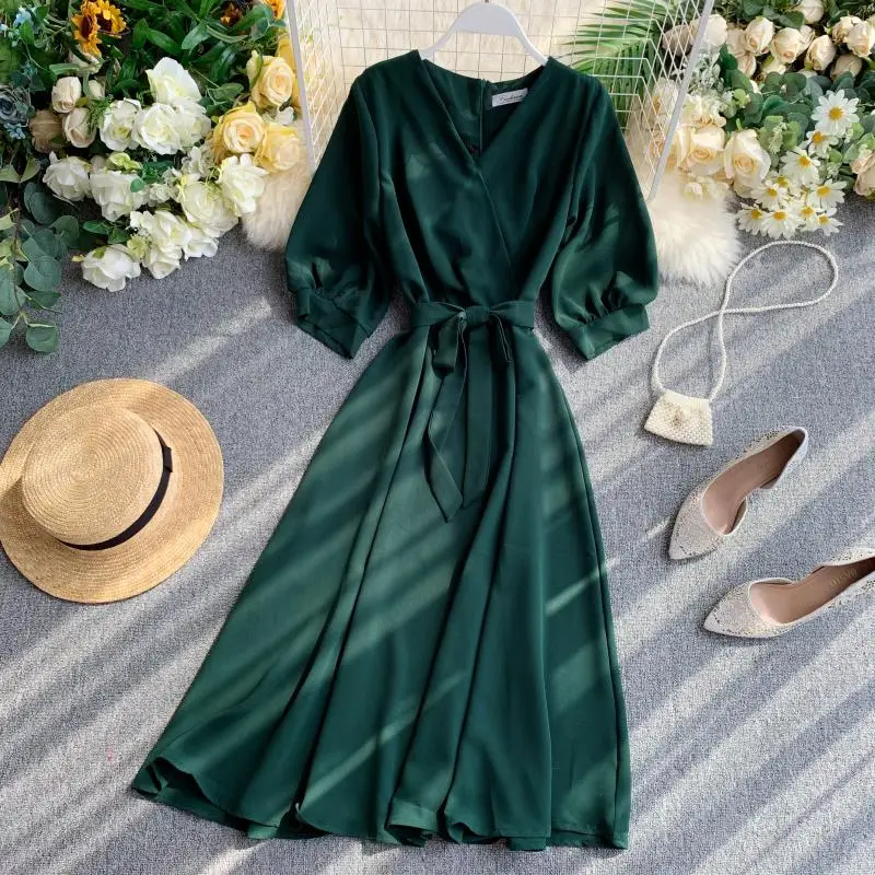 Womens Dresses New Arrival 2019 Autumn Half Sleeve V-neck Slim A-line Robe Fashion Elegant Ladies Solid Korean Dress Vestidos 
Womens Dresses New Arrival 2019 Autumn Half Sleeve V-neck Slim A-line Robe Fashion Elegant Ladies Solid Korean Dress Vestidos