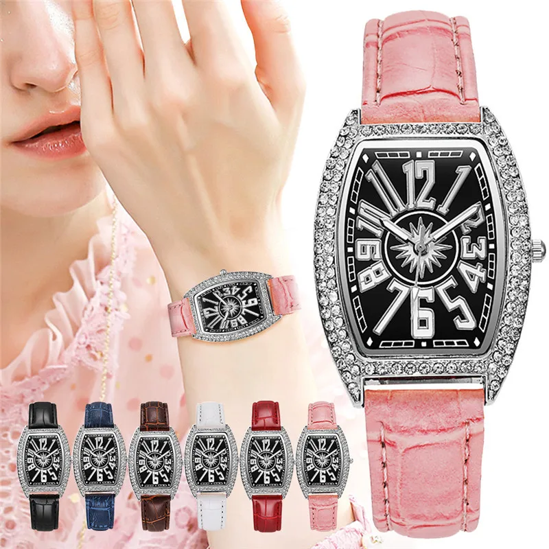 

Women Tonneau Arabic Numbers Diamond Watches Luxury Ladies Leather Quartz Wristwatches Clock Relogio Feminino