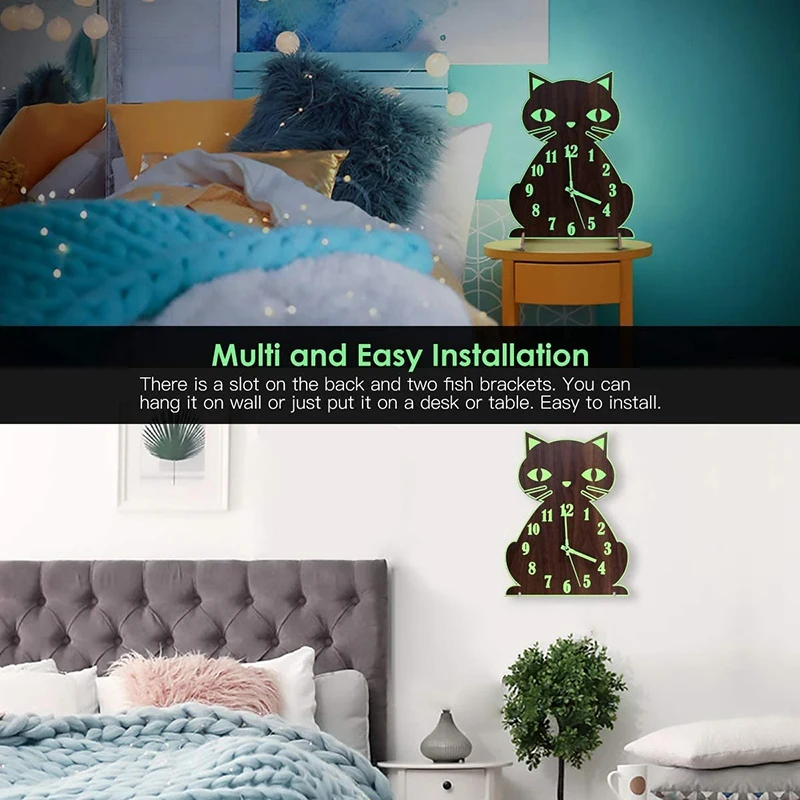 Cat themed wooden luminous wall clock4