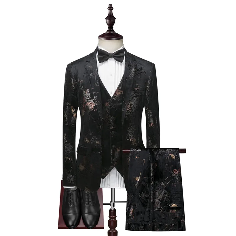 30.1 3、两粒扣、平角领、95、Suit black print костюм men's suit high fashion men suit blaze with pants and vest suit men Formal terno wedding groom dress