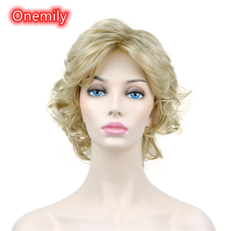

Onemily Short Wavy Curly Fluffy Synthetic Wigs with Bangs for Women Girls Cosplay Theme Party Evening Out Dating Fun 23 Colors