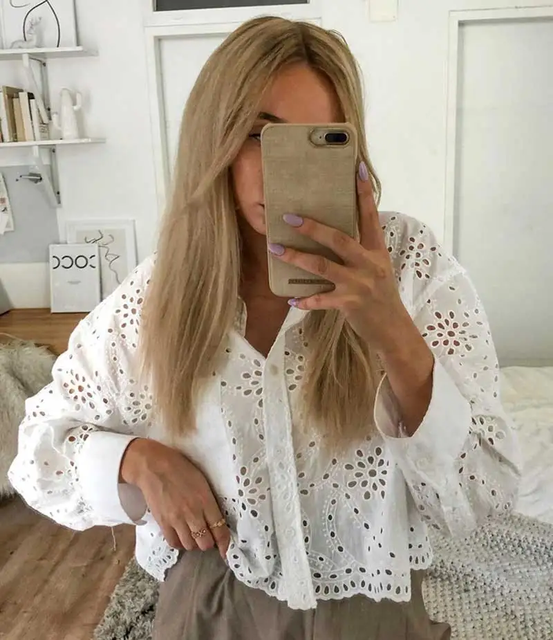 Boho Inspired white hollow out cotton womens tops long sleeve shirt women chic turn-down collar sexy blouses shrits for women 9 Hf3d4f1a7e6b74e388e6f2773391f5eecd