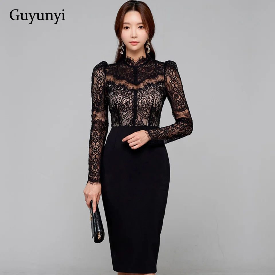 

Elegant Party Dress 2024 Spring White Black High Waist Tight Stitching Sexy Lace Stand Collar Long Sleeves Office Lady Dress