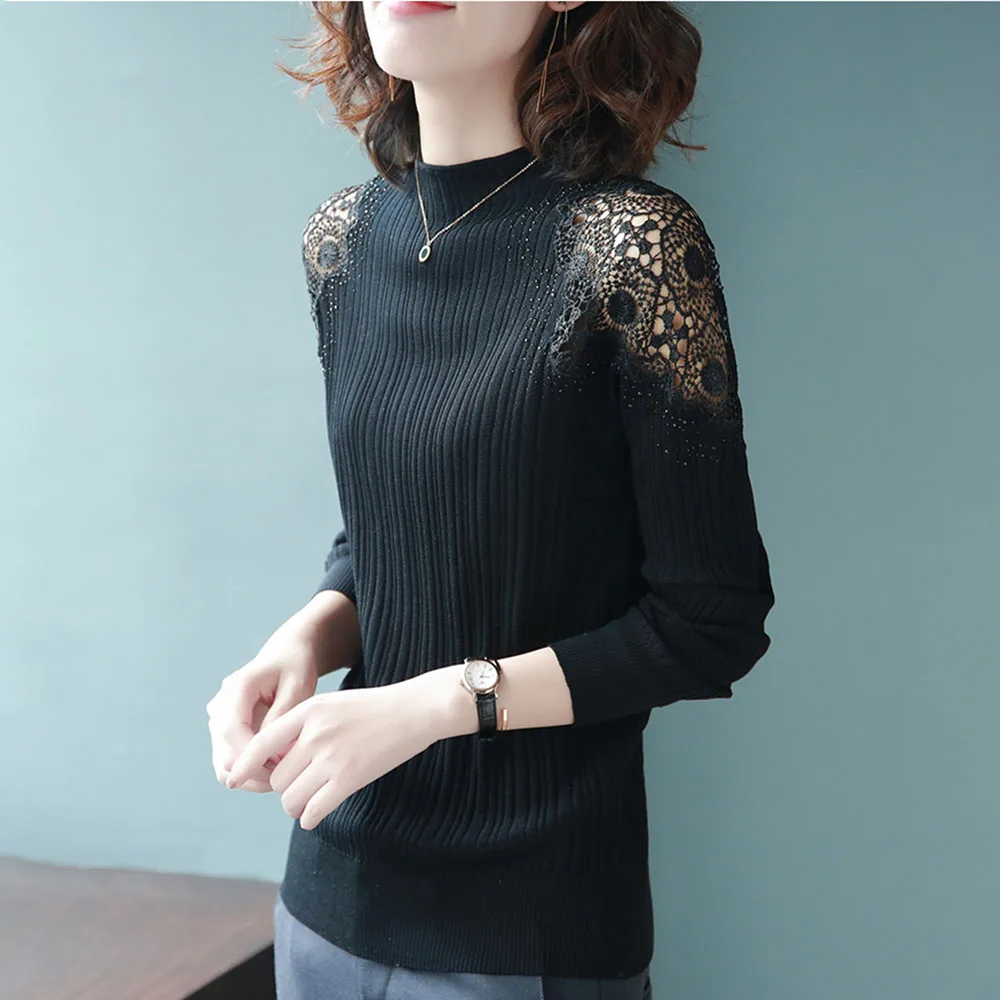 Lace Long Sleeve Knitted T-shirt Women Spring Autumn Basic Black Korean Office Elegant Female Tops Chic Hollow Out Tee Shirts
Lace Long Sleeve Knitted T-shirt Women Spring Autumn Basic Black Korean Office Elegant Female Tops Chic Hollow Out Tee Shirts