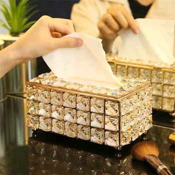 Luxury Crystal Gold/Silver Car Home Rectangle Shaped Metal Tissue Box Container Napkin Paper Tissue Holder Home Desktop Decor