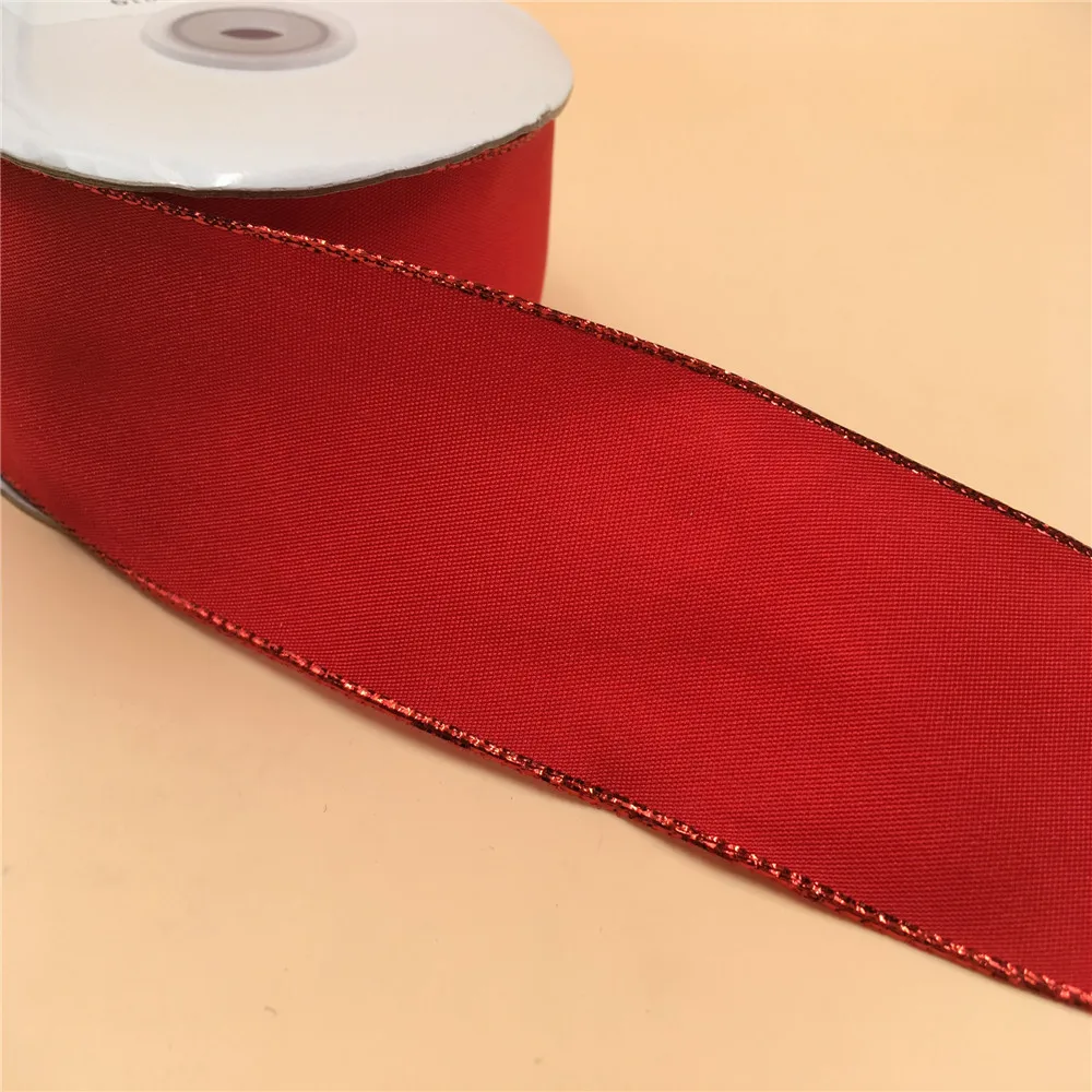 

38MM 25yards Wired Edge Red Taffeta Ribbon with Gold Lurex Edge for Festival Christmas Decoration New Year Gift Wrapping