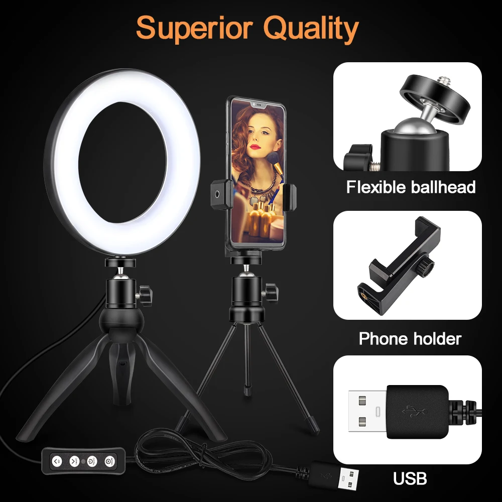 6"Led Ring Light Selfie Dimmable Light with Tripod Stand Cell Phone Holder for Studio YouTube Lighting Make up Camera
6"Led Ring Light Selfie Dimmable Light with Tripod Stand Cell Phone Holder for Studio YouTube Lighting Make up Camera