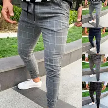 

50% Hot Sales Fashion Men Plaid Print Drawstring Elastic Casual Slim Fits Pencil Pants Trousers