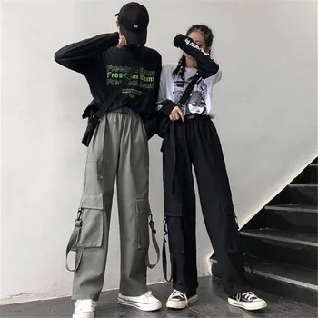 

2020 spring Cargo pants women High Waist Loose Streetwear pants Baggy Tactical Trouser japan solid hip hop joggers pants females