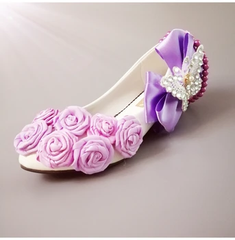

Luxury handmade purple rose flower shoes for woman wedges 3cm low heel ankle beading straps ladies girls party dancing shoes