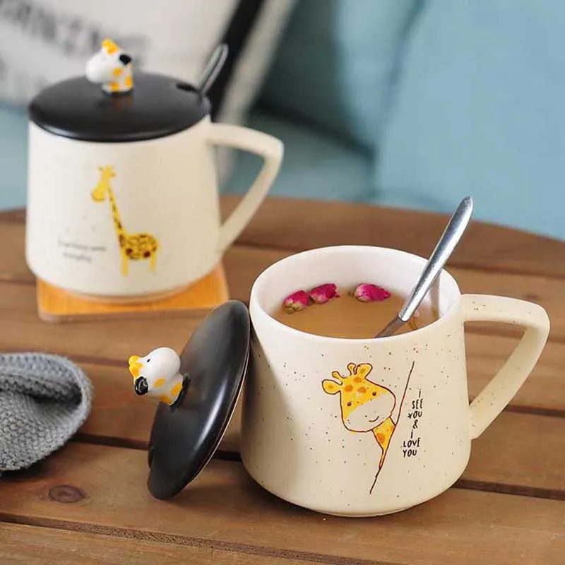 

2019 New 480mL Cartoon Giraffe/Zebra Ceramics Mug With Spoon and Lid Coffee Milk Tea Breakfast Cups Novelty Gifts for Friends