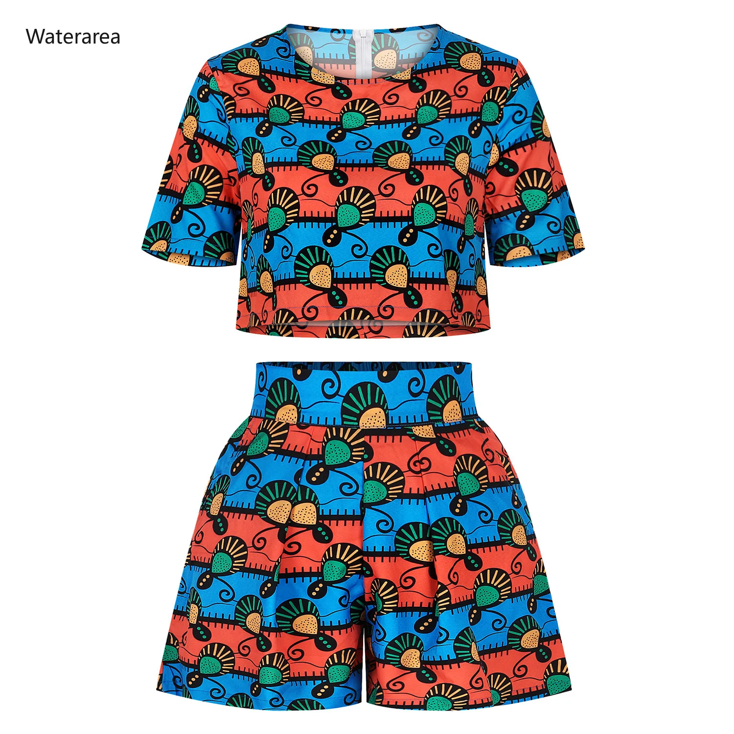 2019 Summer Women O-Neck Short Sleeve Top With Digital Printing Shorts Suit Ethnic Style Two Piece Set FSCE |
