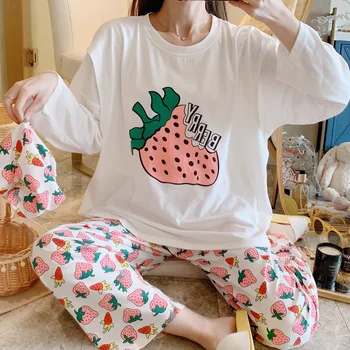 Strawberry pattern pajamas Sleepwear 2 Piece Sets For Women's Cotton Pajamas Collar Homewear Large Size Pijama Pyjama Gift hat
Strawberry pattern pajamas Sleepwear 2 Piece Sets For Women's Cotton Pajamas Collar Homewear Large Size Pijama Pyjama Gift hat
