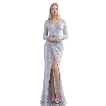YQLNNE 2020 Silver Sequined Long Sleeve Evening Dresses V Neck Mermaid Formal Evening Gown Party DressSlit Front
YQLNNE 2020 Silver Sequined Long Sleeve Evening Dresses V Neck Mermaid Formal Evening Gown Party DressSlit Front