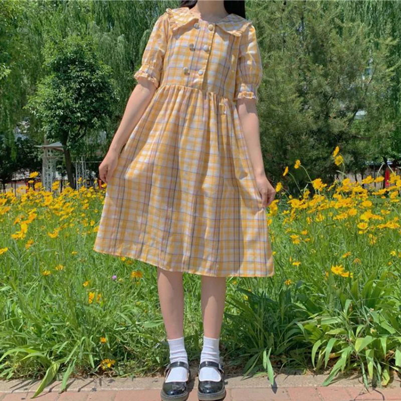 Vigorous Girl's Contrasting Color Plaid Dress Japanese Sweet Summer Ageing Doll Collar Mid-Length Blouse Skirt lolita dress
Vigorous Girl's Contrasting Color Plaid Dress Japanese Sweet Summer Ageing Doll Collar Mid-Length Blouse Skirt lolita dress
