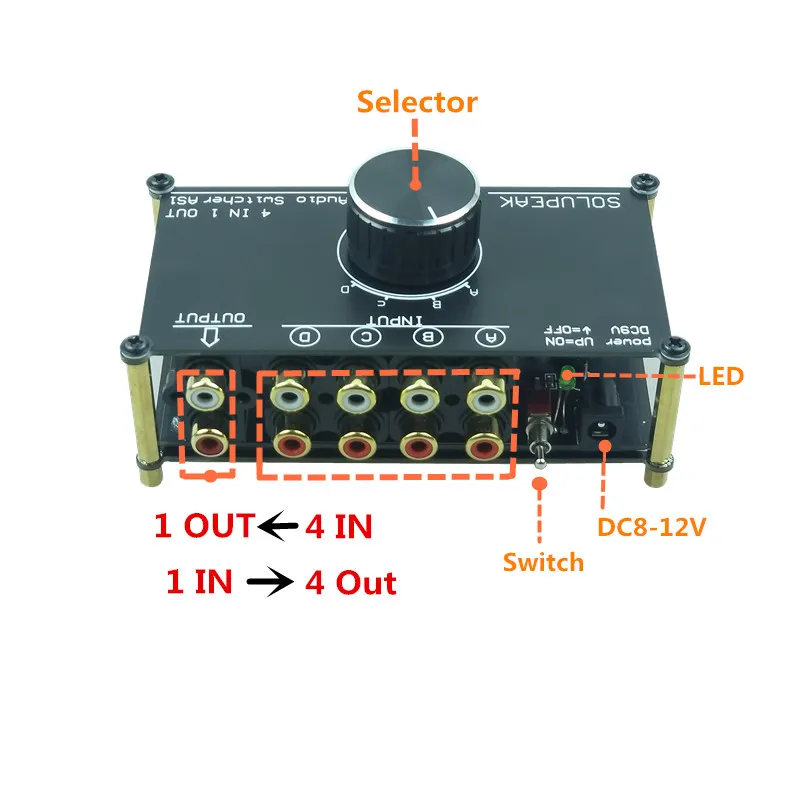 Видеоадаптер SOLUPEAK AS1 с 4 входами 1 выходом или входом на выхода hifi стерео RCA