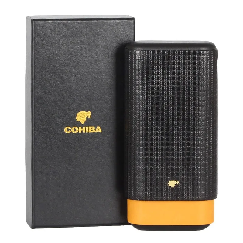 

NEW COHIBA Black Leather Cigar Case Cedar Wood Tube Holder Portable Travel Cigar Humidor Box Holds 3 Cigars WIth Gift box