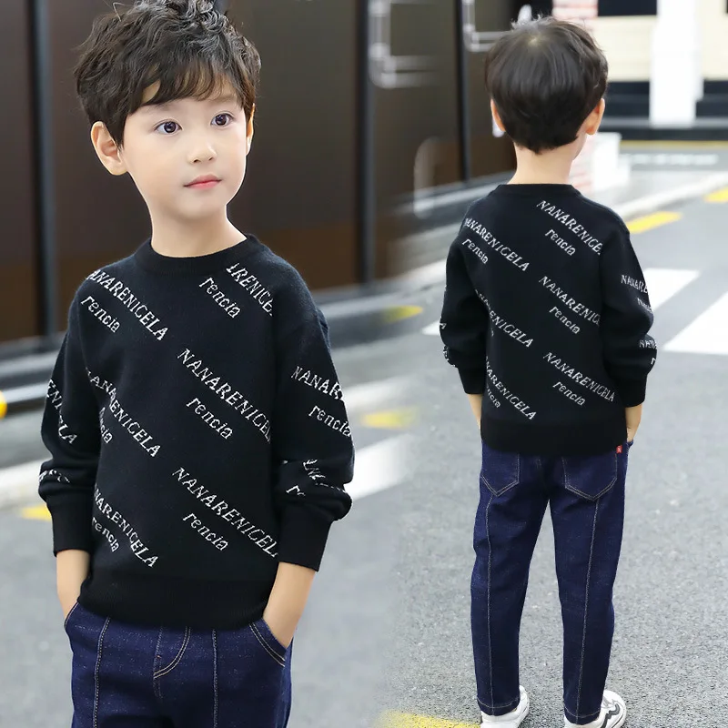 2019 Letter Print Boys Winter Sweater Kids Warm Pullovers Plush Inside Knitted Sweaters Children Velvet Jacket | Мать и ребенок
