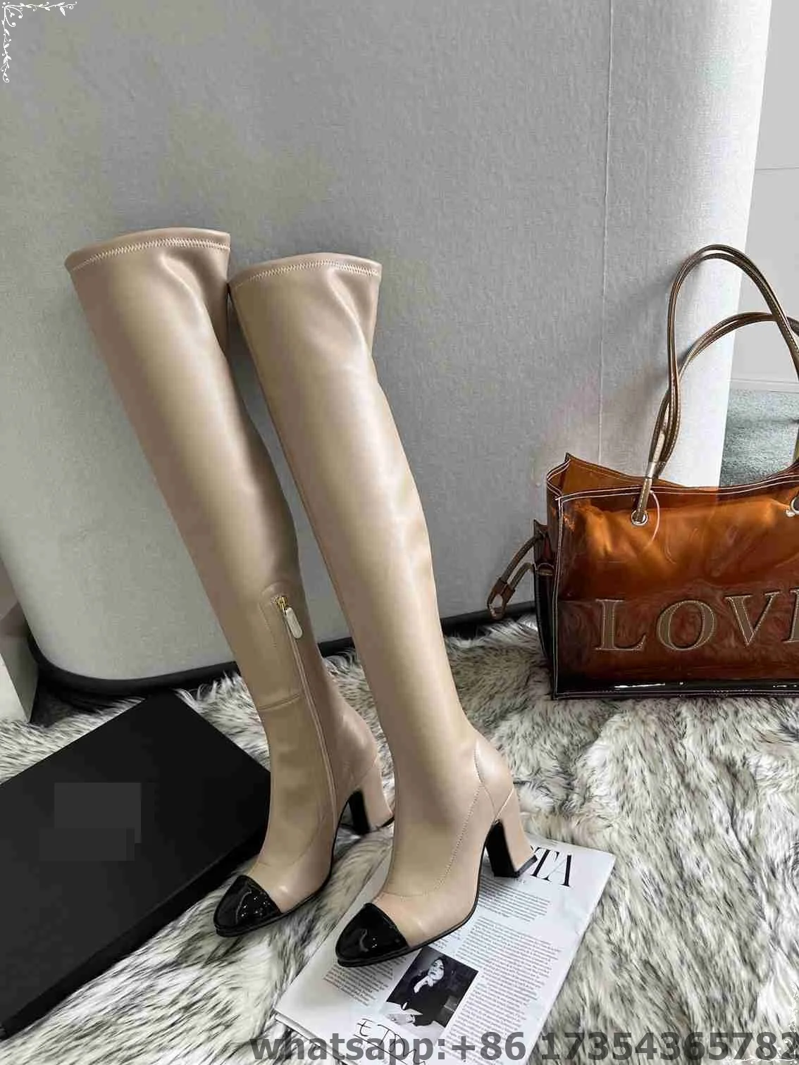 

Luxury Design Mixed Colors Sheepskin Round Toe Chunky High Heel Non-slip Boots Beige Side Zipper Winter Knee High Boots
