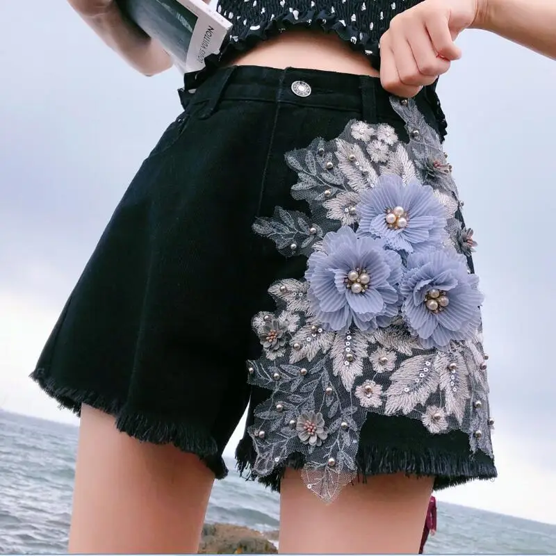 2019 Summer Fashion Women High Waist Wide Leg Tassel Embroidery Flower Red Black Denim Shorts , Womens 5xl Pearls Jeans Shorts 
2019 Summer Fashion Women High Waist Wide Leg Tassel Embroidery Flower Red Black Denim Shorts , Womens 5xl Pearls Jeans Shorts