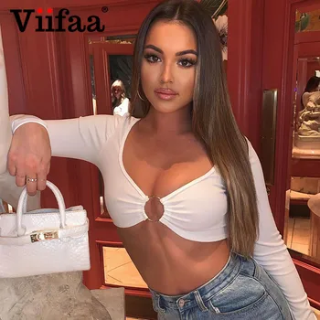 

Viifaa Deep V Neck Sexy O-Ring Detail Party Top Tshirts Clubwear Women Long Sleeve Autumn Slim Crop Top T Shirt