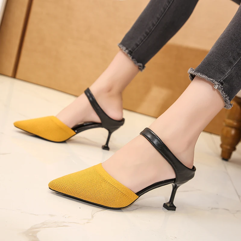 Pointed Slippers Women Knitted Elastic Mesh High Heels Mixed Colors Party Shoes Thin Heel Shallow Slides Summer Shoes Large Size 
Pointed Slippers Women Knitted Elastic Mesh High Heels Mixed Colors Party Shoes Thin Heel Shallow Slides Summer Shoes Large Size
