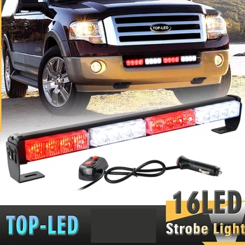 16 LED Red and White Emergency Traffic Advisor Vehicle Strobe Light Bar Warning Flashing Modes for Trucks and Cars