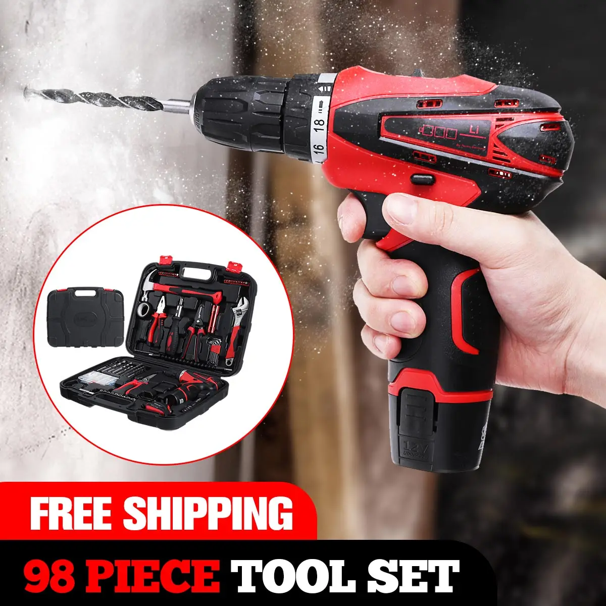 98Pcs Tool Set Hand Tools for Car Repair Ratchet Spanner Wrench Socket Set Car Repair Tool Kits Lithium electric drill ect
98Pcs Tool Set Hand Tools for Car Repair Ratchet Spanner Wrench Socket Set Car Repair Tool Kits Lithium electric drill ect