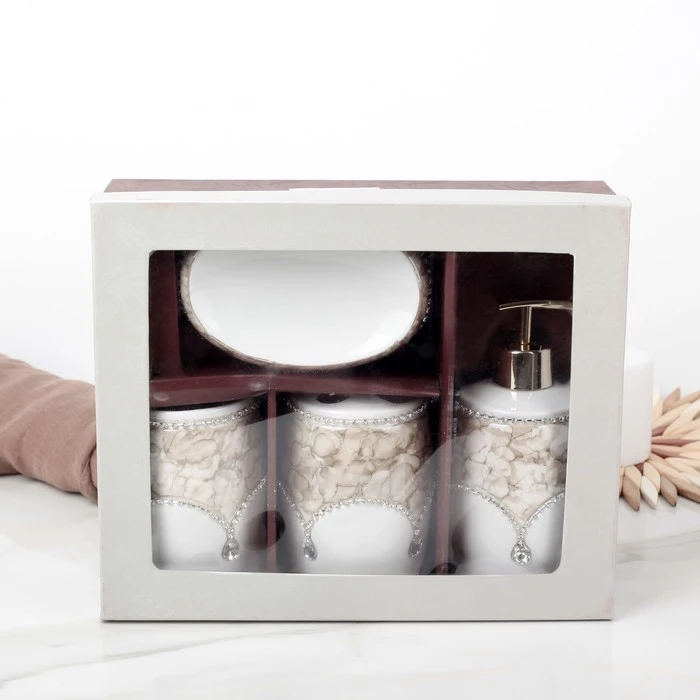Set of bathroom accessories "Marble drops", 4 pieces (dispenser 490 ml, soap dish, 2 glasses)
