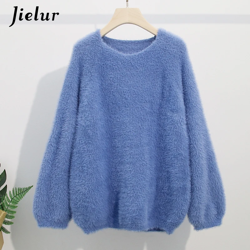 

Jielur Winter Faux Mink Fleece Women Sweater Solid Color White Blue Pullover Female O-neck Fashion Loose Knitted Sweaters