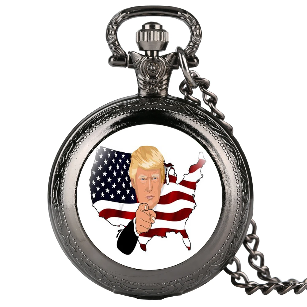 

Funny Black Case Cover Quartz Pocket Watch Arabic Numerals Dial Trump Sign Pendant Clock Necklace for Men reloj de bolsillo