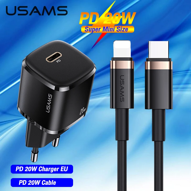 Зарядное устройство USAMS PD 20 Вт + кабель Type C на Lightning для iPhone 12 Pro Max Mini QC4.0 QC3.0 сетевое