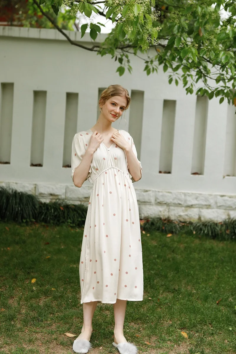 Hanxiuju Summer V- Neck Short Sleeve Nightgowns For Women Soft Viscose Polka Dot Nightwear Ladies Elegant Dress Autumn Spring 8 Hf44fc312b0c64ca5bee148f5030e3f5dz