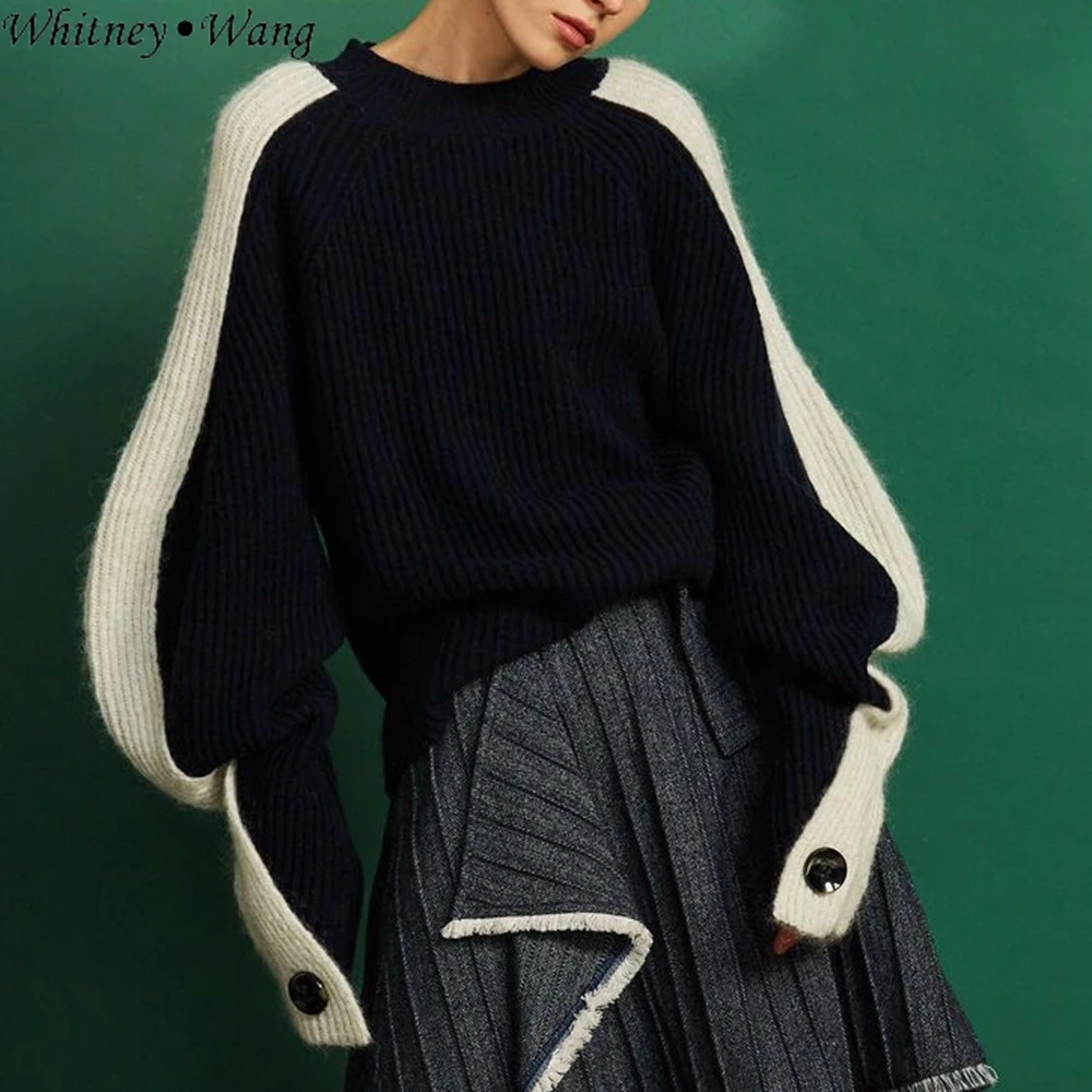 

WHITNEY WANG 2019 Autumn Winter Fashion Streetwear Colors Contrast Oversize Sweater Women Jumper Pullover sueter mujer invierno