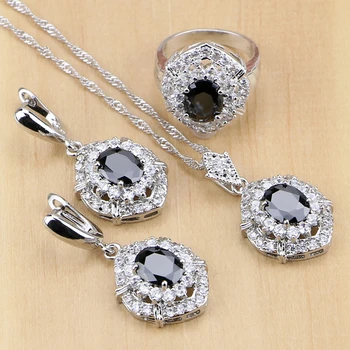 Trendy 925 Silver Jewelry Black Cubic Zirconia White CZ Jewelry Set For Women Earrings/Pendant/Necklace/Rings 
Trendy 925 Silver Jewelry Black Cubic Zirconia White CZ Jewelry Set For Women Earrings/Pendant/Necklace/Rings