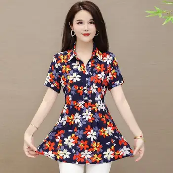 

Mother's summer short-sleeved waist top mid-length female covered belly middle-aged shirt foreign floral floral chiffon