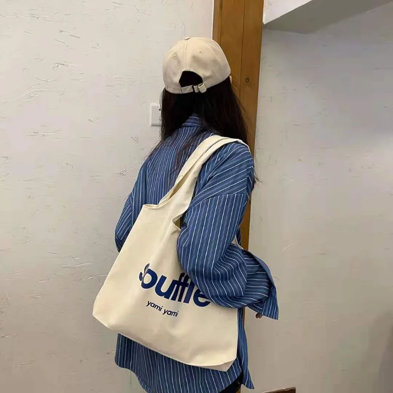 

White Canvas Large Capacity Tote Bag Blue Letter Print Eco Reusable Foldable Shoulder Bag Big Handbag Women Shopping Bags