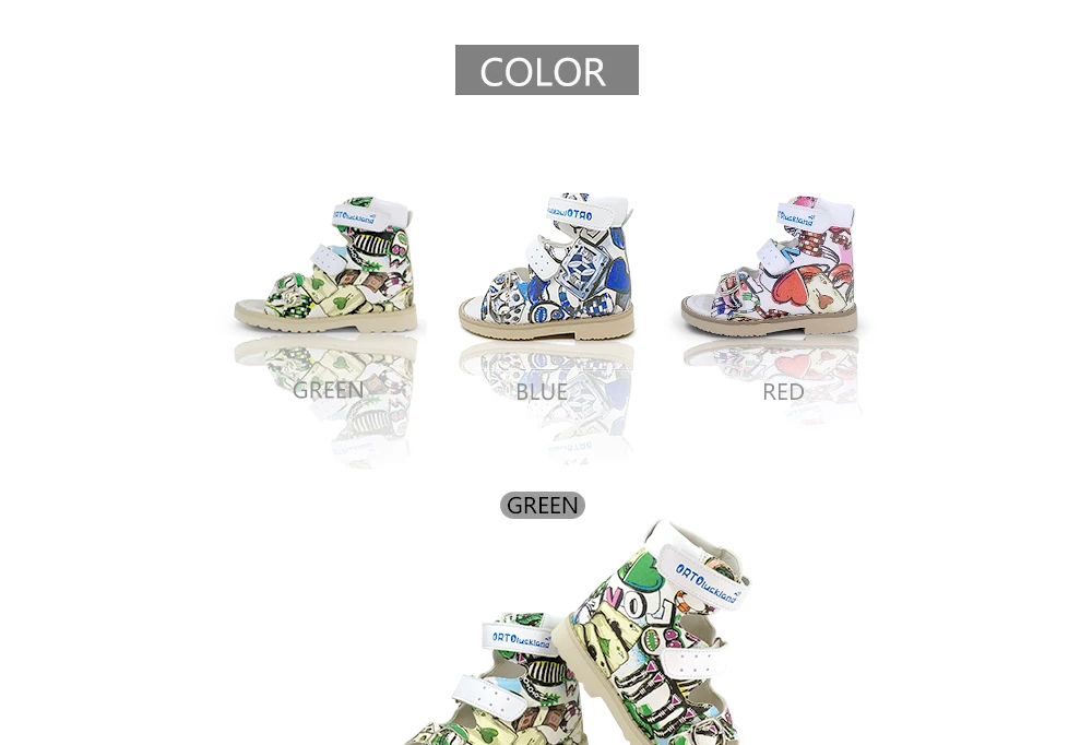 Kids Leather Orthopedic Opentoe Sandals Four Styles for Summer Army Red Animal Printing Arch Support Flatfoot Sandals for Kids