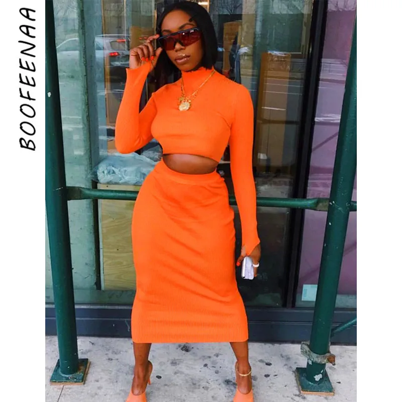 

BOOFEENAA Two Piece Set Turtleneck Long Sleeve Crop Top Skirt Neon Rib Knit Sweater Matching Sets Fall Winter Outfits C70-AE39