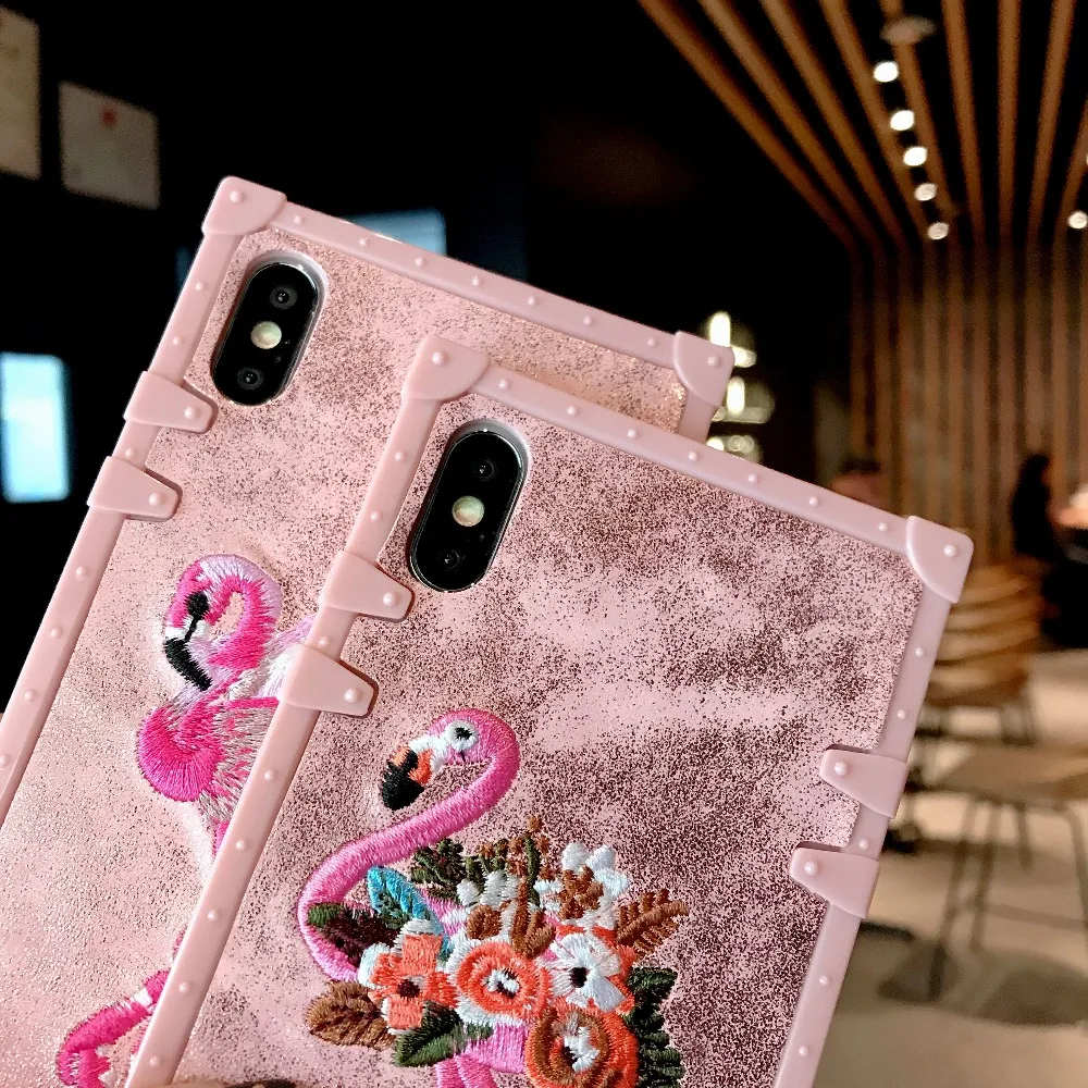 Cases For iPhone X Xs Max Xr Cover Girly 3D Pink Embroidery Flamingo Square (11)