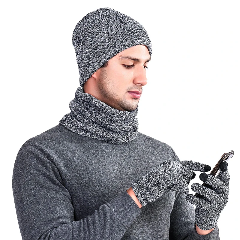 2019 модный мужской вязаный комплект из 3 предметов зимняя теплая вязаная шапка +